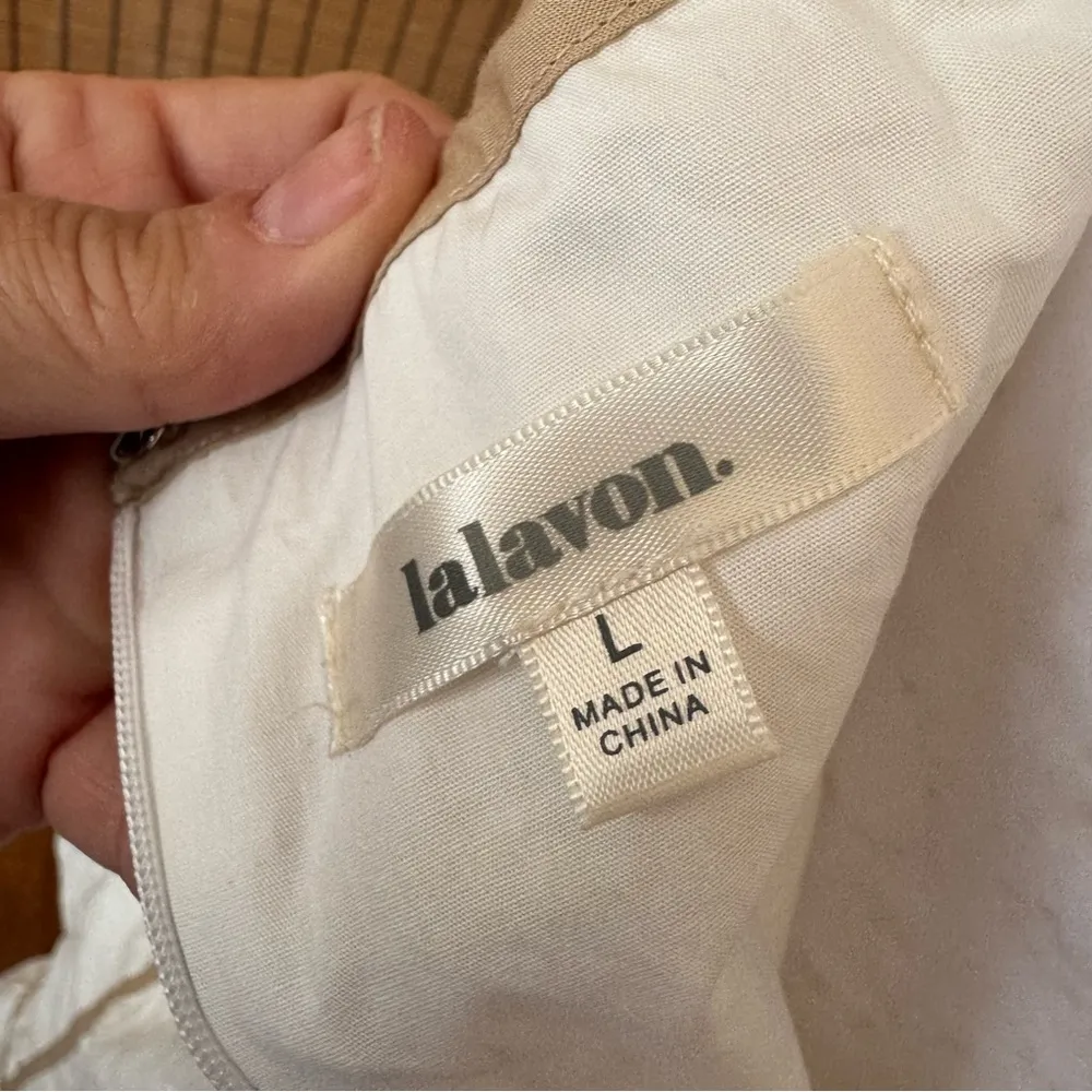 LALAVON 100% cotton Chic Ivory Spaghetti Strap Dress with Tan Piping new - Image 3