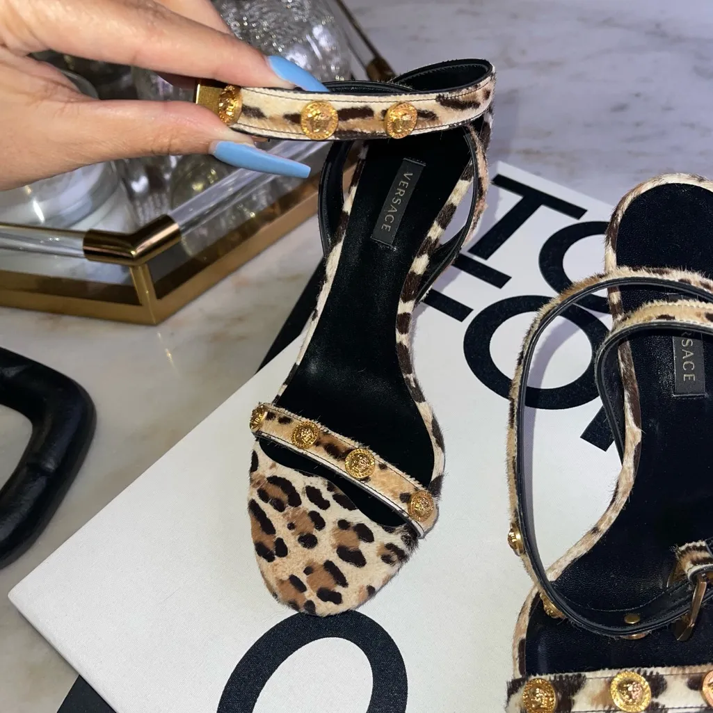 Versace Leopard Animal Print Calf Hair Medusa Coin Stiletto Sandal Heels - Image 5