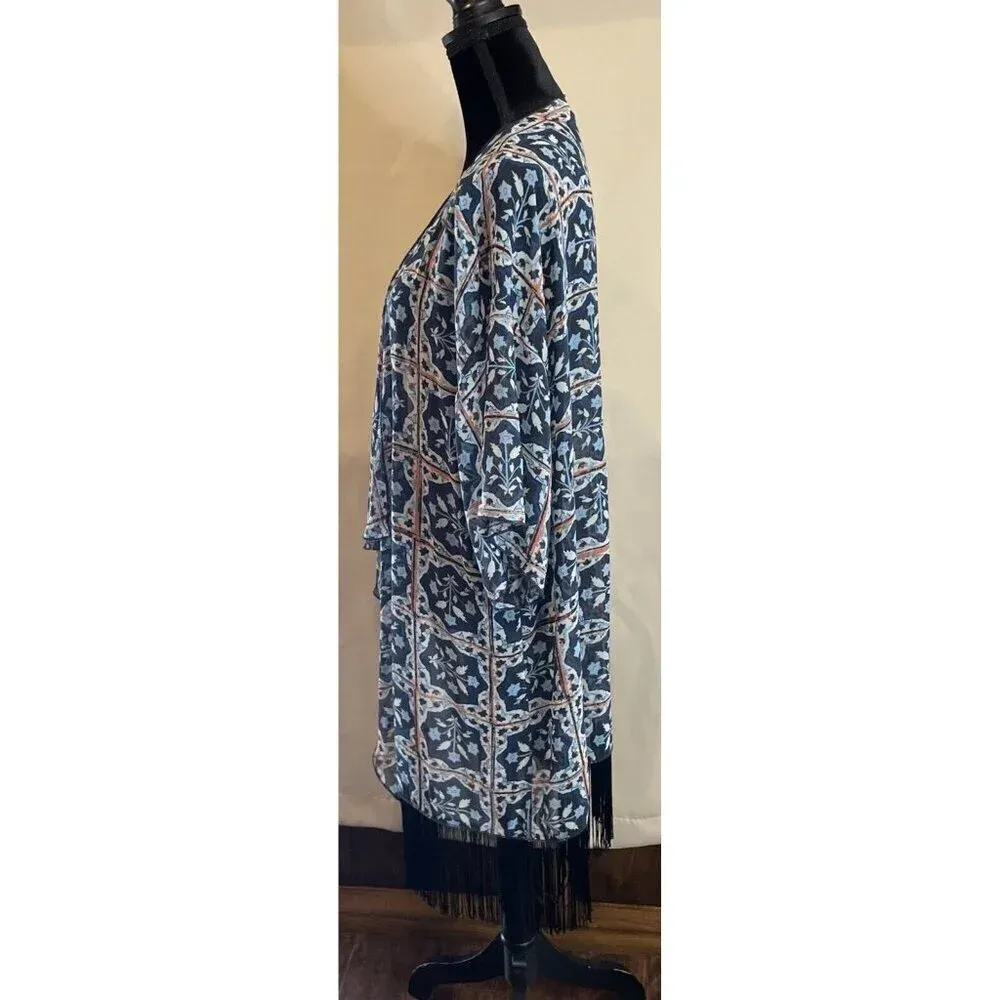 Lularoe Women’s Size Large Blue Floral‎ Black Fringe Kimono Cover Up Boho Beach - Image 5