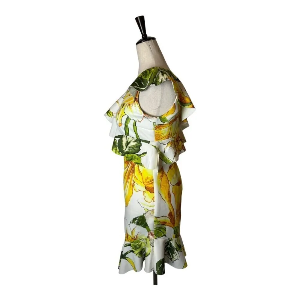 Alexia Admor Dress Women 2 Yellow White Floral One Shoulder Ruffle‎ Sheath Mini - Image 6