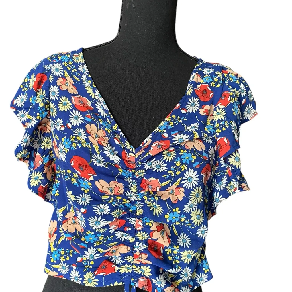 Sienna Sky Soft Blue Floral Ruched Crop Top Adjustable Strings, Flowy Sleeves - Image 2