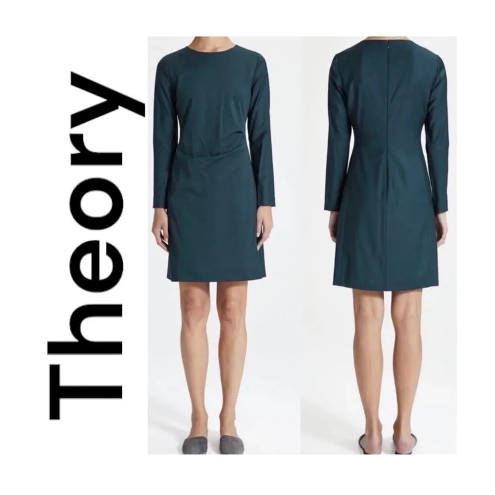 THEORY Side Fold Continuous 2 Long Sleeve Wool Sheath Dress Size 12 Ocean - Image 14