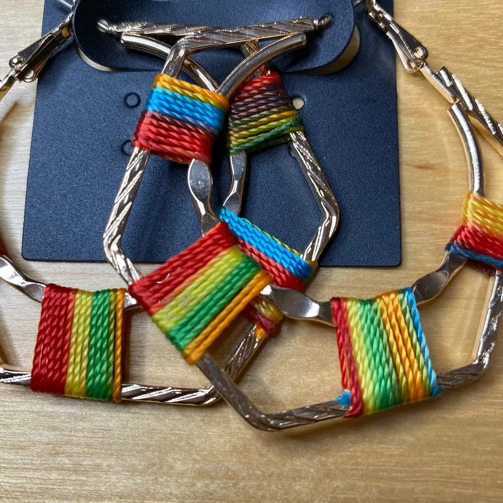 LA3 Accessories Rainbow Thread Woven & Hammered Gold Tone Earrings - Image 2