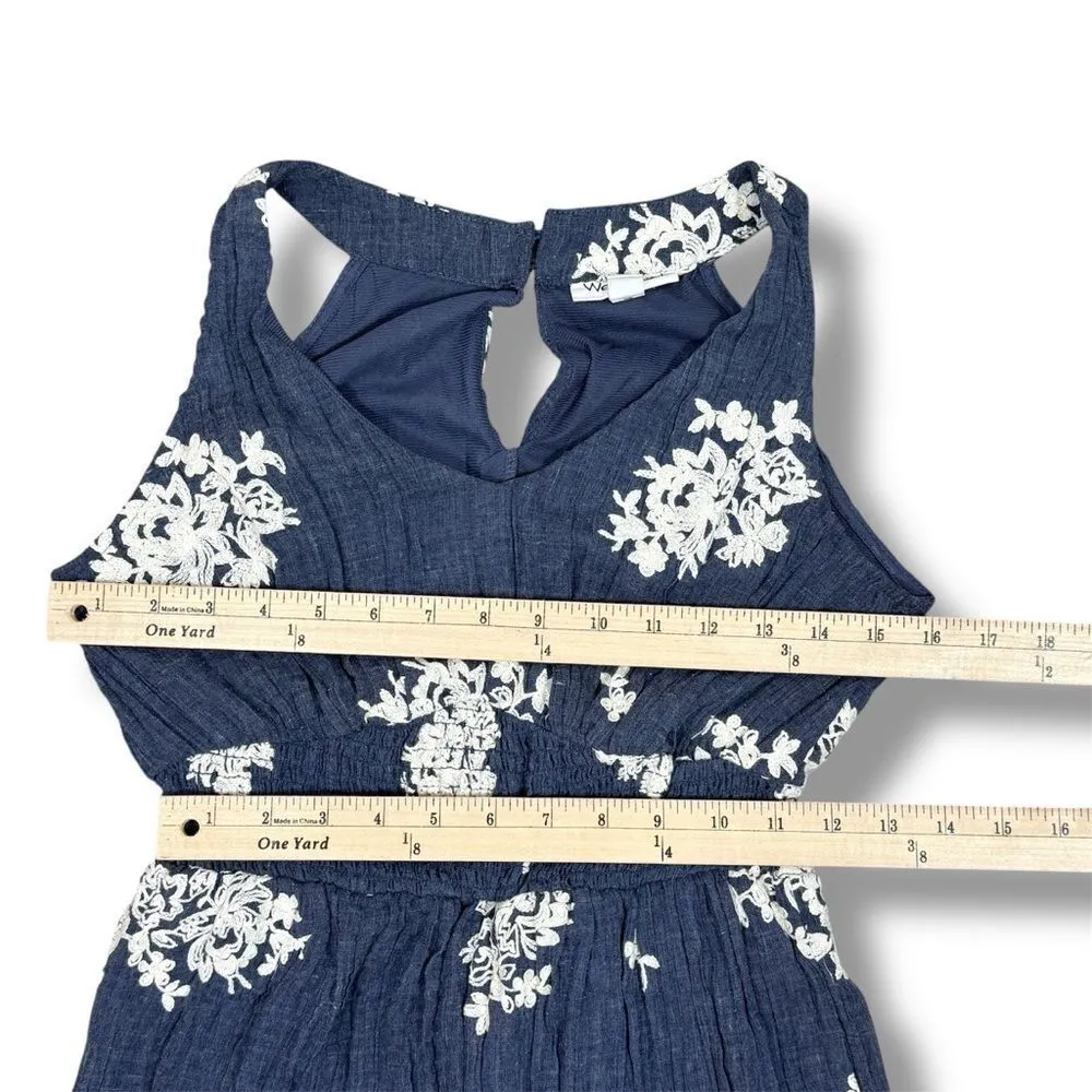 Westport Floral Embroidered Crinkle Smocked Waist Maxi Dress Blue Small - Image 11