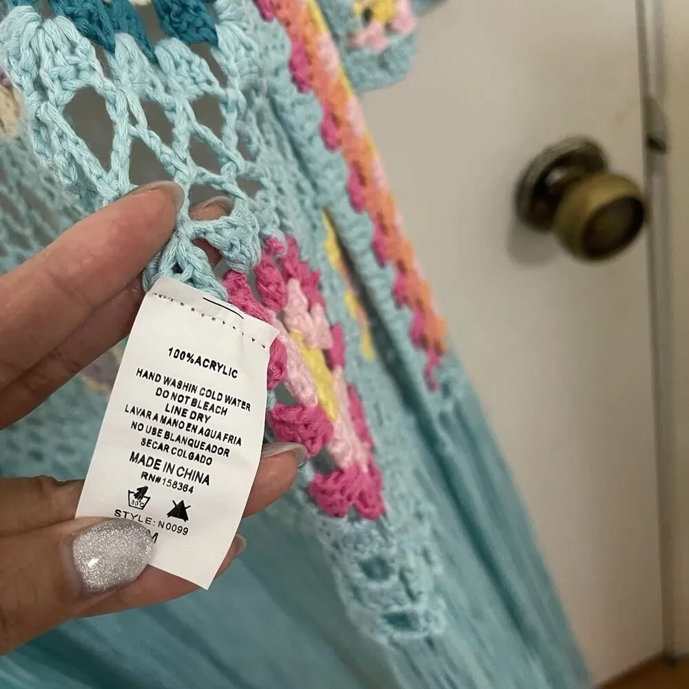 No 1 Los angeles acrylic crochet quilted muti color maxi cardigan sweater duster Blue Size M - Image 7