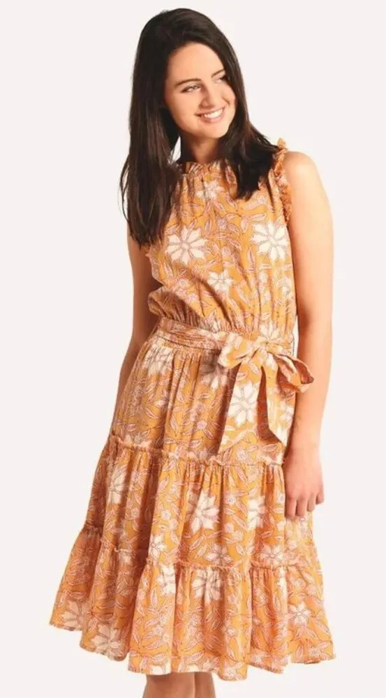 Roller Rabbit Tomlin Naoki Orange Tiered Floral Ruffle Sleeveless Midi Dress - Image 1