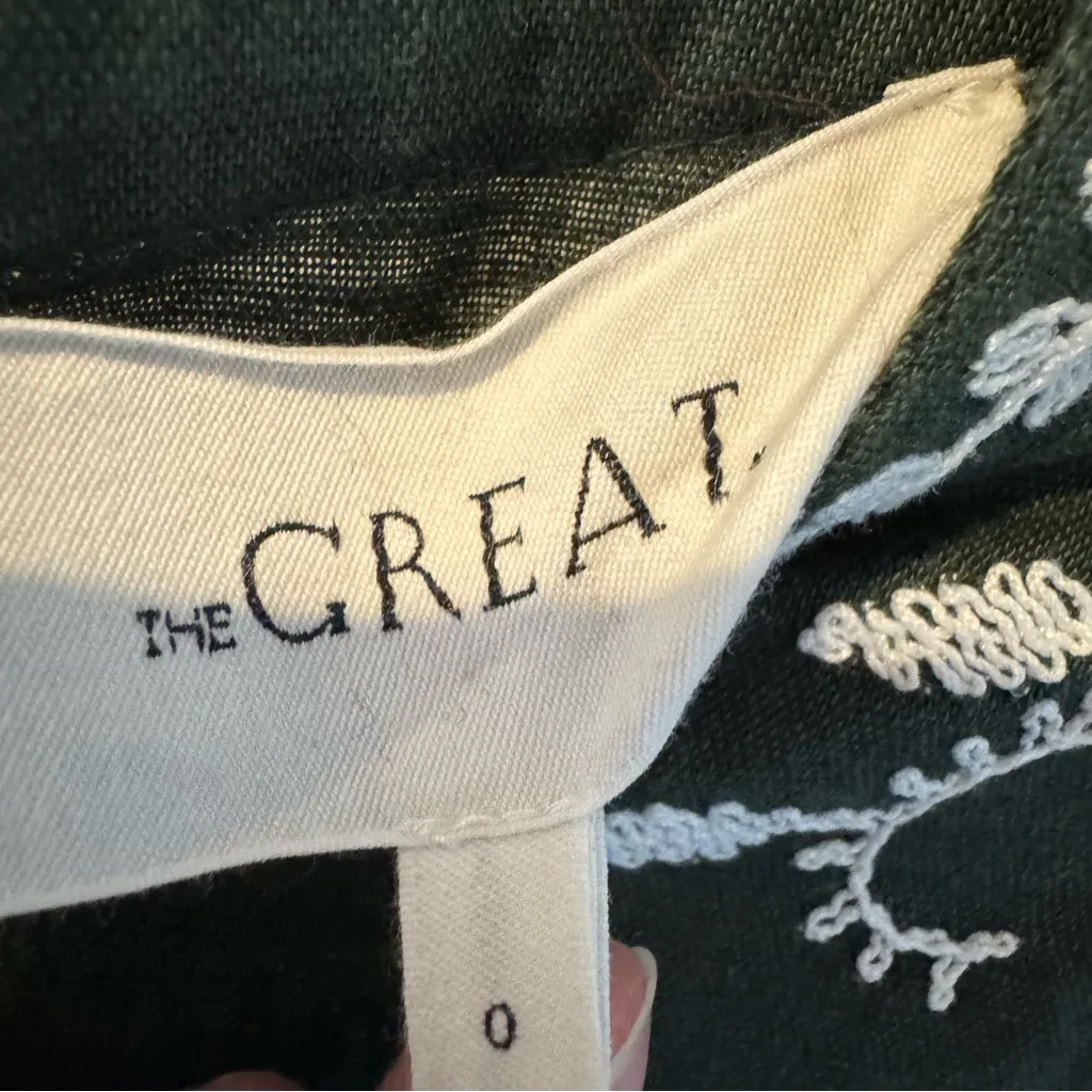 THE GREAT. Dark Green Mini Dress with White Embroidery - Image 5