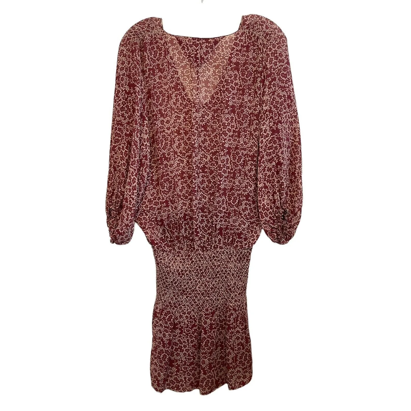 Ulla Johnson Samira‎ Drop Waist Size 2 Silk Bordeaux Red Floral Sheer Smocked - Image 2