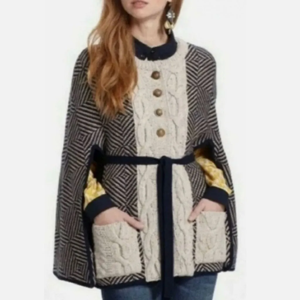 Anthropologie HWR Wool Blend Cable Knit Cape Cardigan Navy Ivory Jacket S/M - Image 2