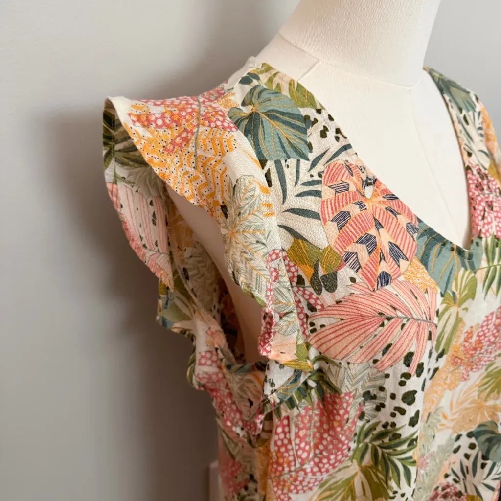 C&C California Dress 100% Linen Flutter Ruffle Sleeve Botanical Tropical Palms - Image 3