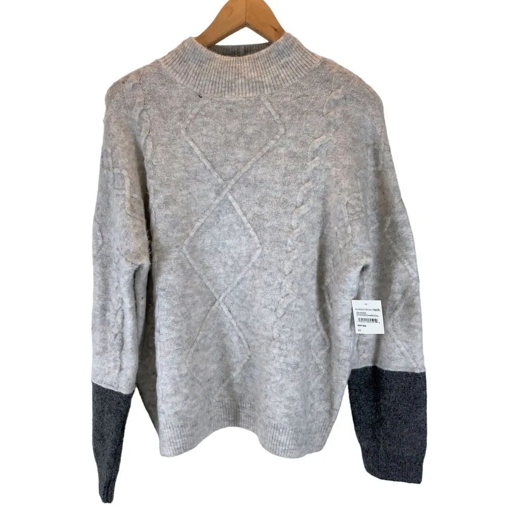 Como Vintage | NWT | XS | Cable Knit Oyster Charcoal Colorblock Mockneck Sweater - Image 5