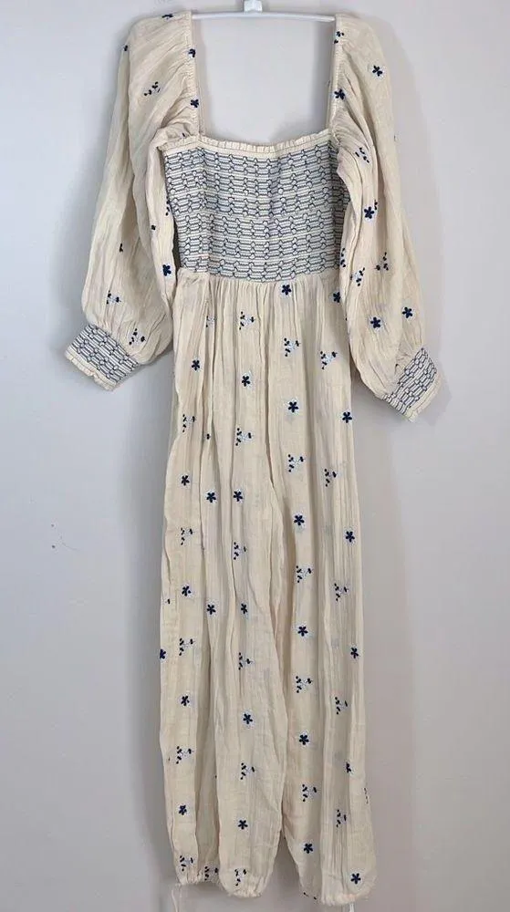 embroidered detail boho crinkle jumpsuit in ecru Size Medium - Image 3
