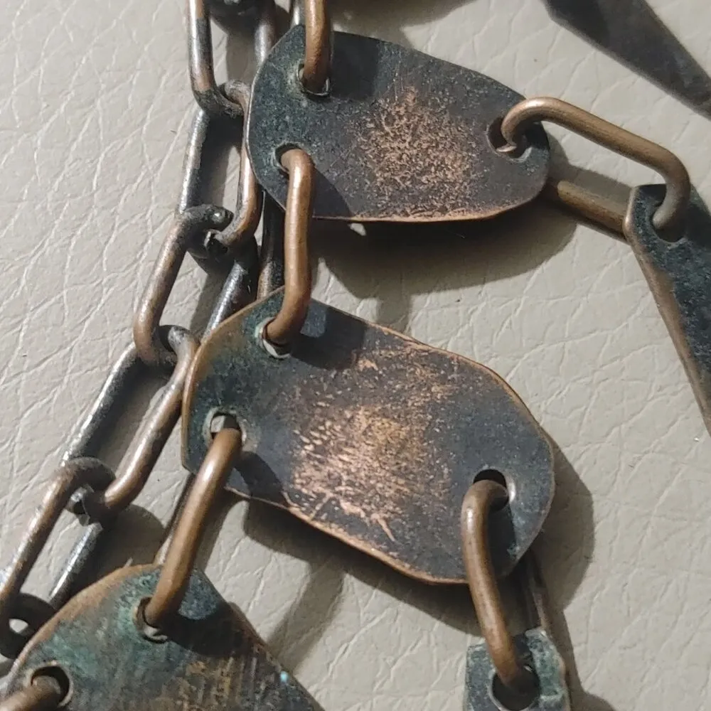 Vintage Brass Bib Necklace Etched Abstract Adjustable Chain Tribal Statement - Image 7