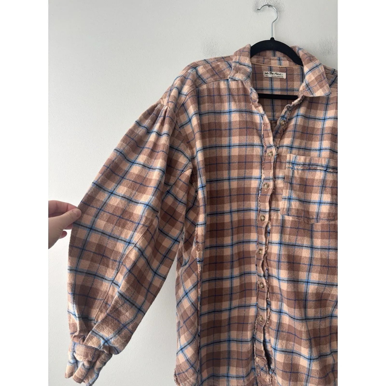 Free‎ People We The Free Happy Hour Oversized Flannel Shirt Tan Blue Size Small - Image 6