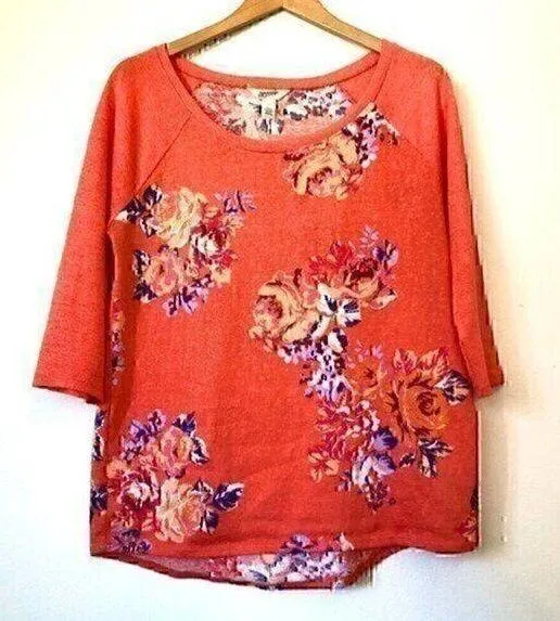 ARIZONA JEAN CO Orange Purple White Floral 3/4 Sleeve Knit Tee Top JUNIORS Large - Image 1