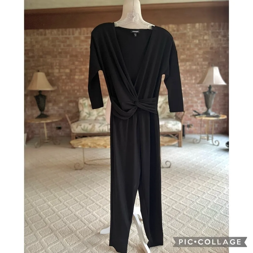 Express Jumpsuit Ankle Cropped Twist Waist Knit S Black V-Neck Party Stretch - Image 16