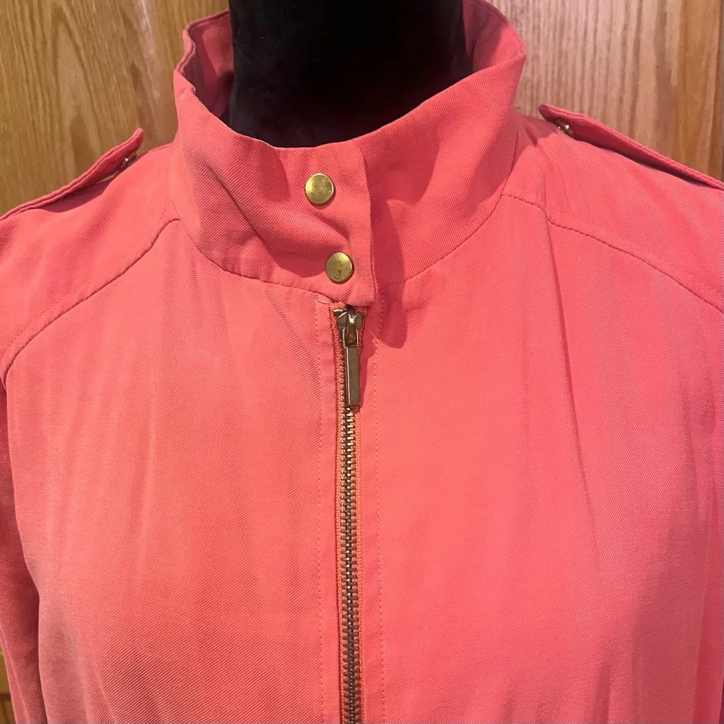 ZARA Front Zip Gold Snap Cinched Waist Military Utility Jacket Coral Pink‎ Large - Image 11
