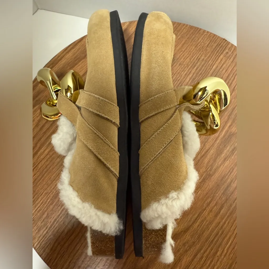 JW Anderson Beige Lamb Leather Shearling Chunky Gold Chain Loafer Clog Mules Tan Size 10 - Image 5