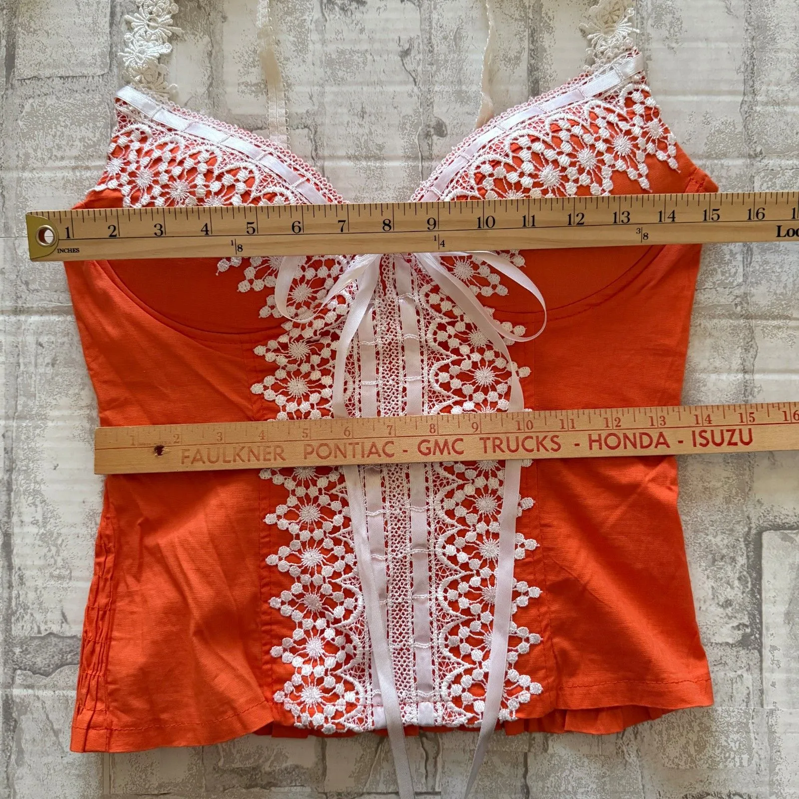 NOS Deb Y2K Orange White Laced Corset Smocked Back Tank Top Cotton Spandex Sz XL - Image 8
