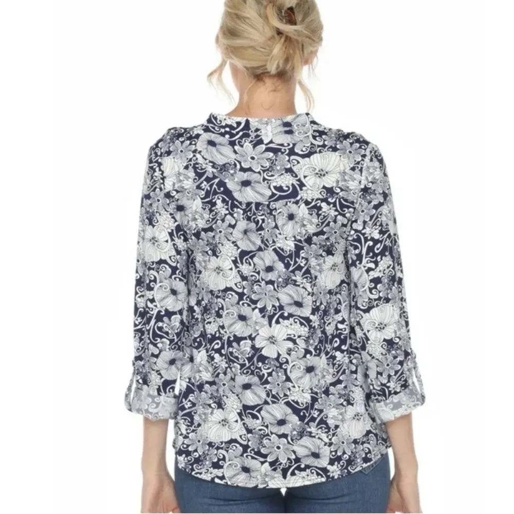 White Mark NEW Navy Blue and White Floral Pleated 3/4 Sleeve Top Plus Size 1X - Image 4