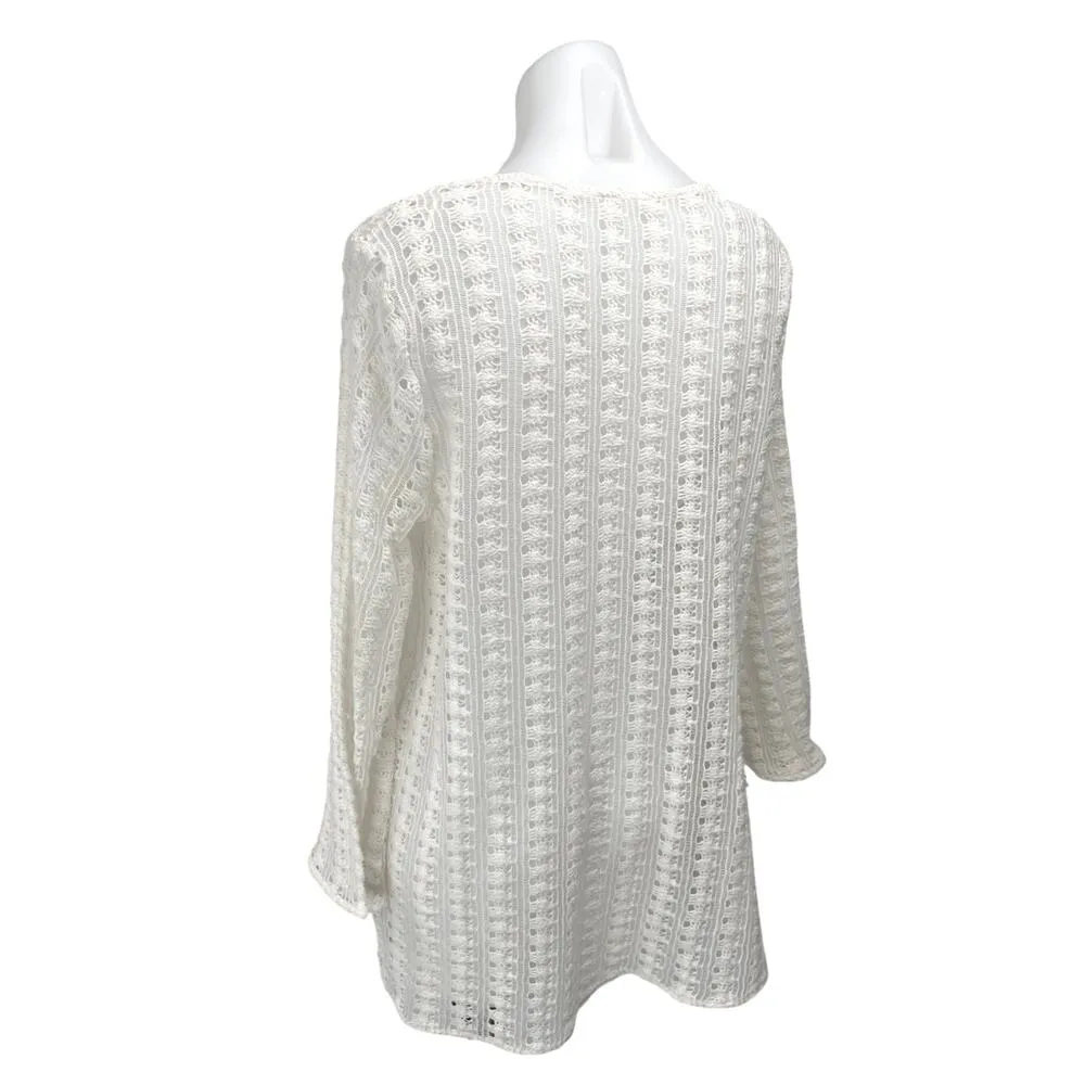 H&M White Crochet Knit Deep V Tie Long Sleeve Beach Cover Up Mini Dress Size M - Image 6