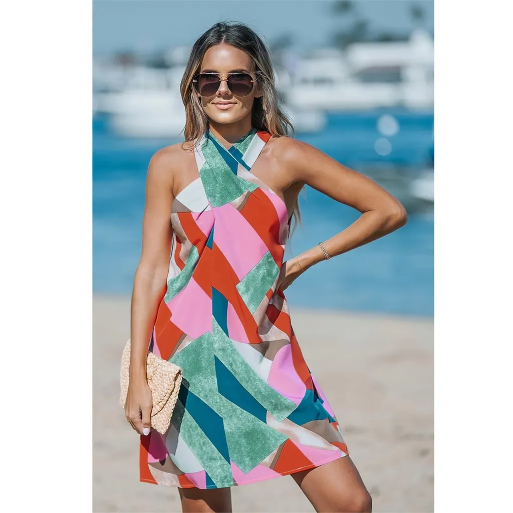 CUPSHE Geometric Cross Over Neck Sleeveless Mini Dress Retro Chic Beach Sz Small - Image 2