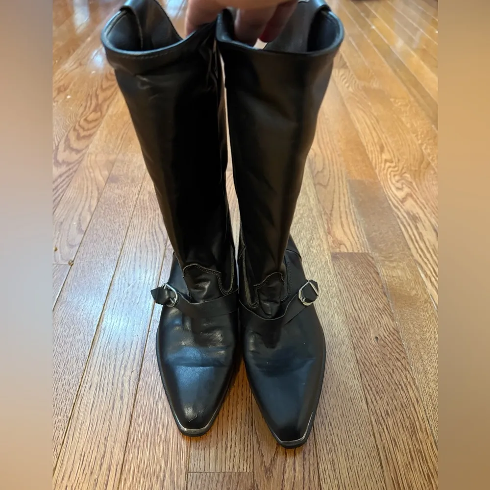 Durango Black Leather Slouch Boots Womens 6.5 M Western Wear Silver Tips buckle - Image 2