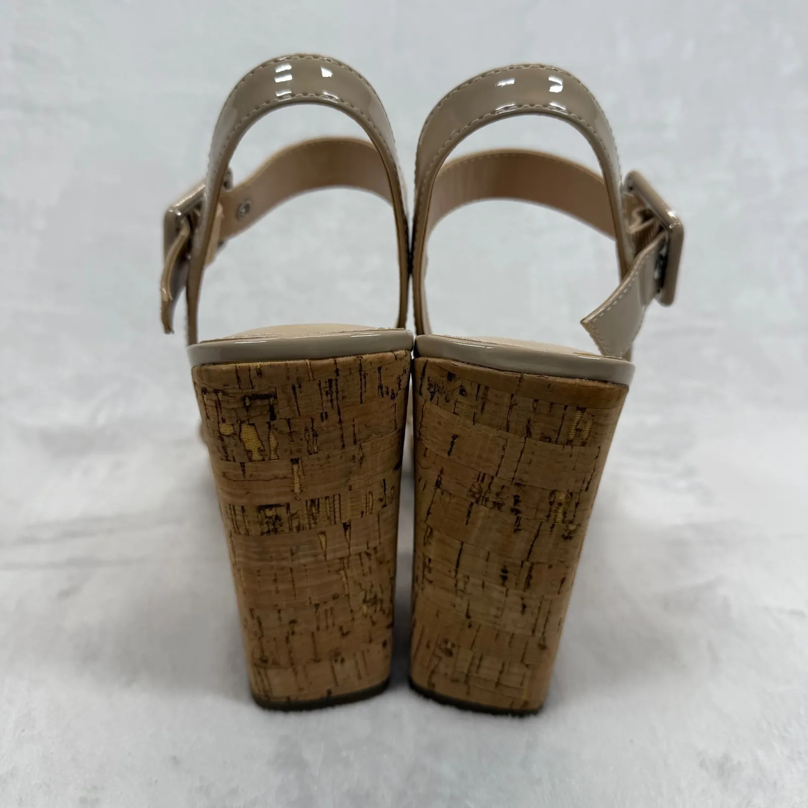 Marc Fisher Wedge Sandals Ankle Strap Cork Heels Beige‎ Patent Leather 8.5 - Image 5