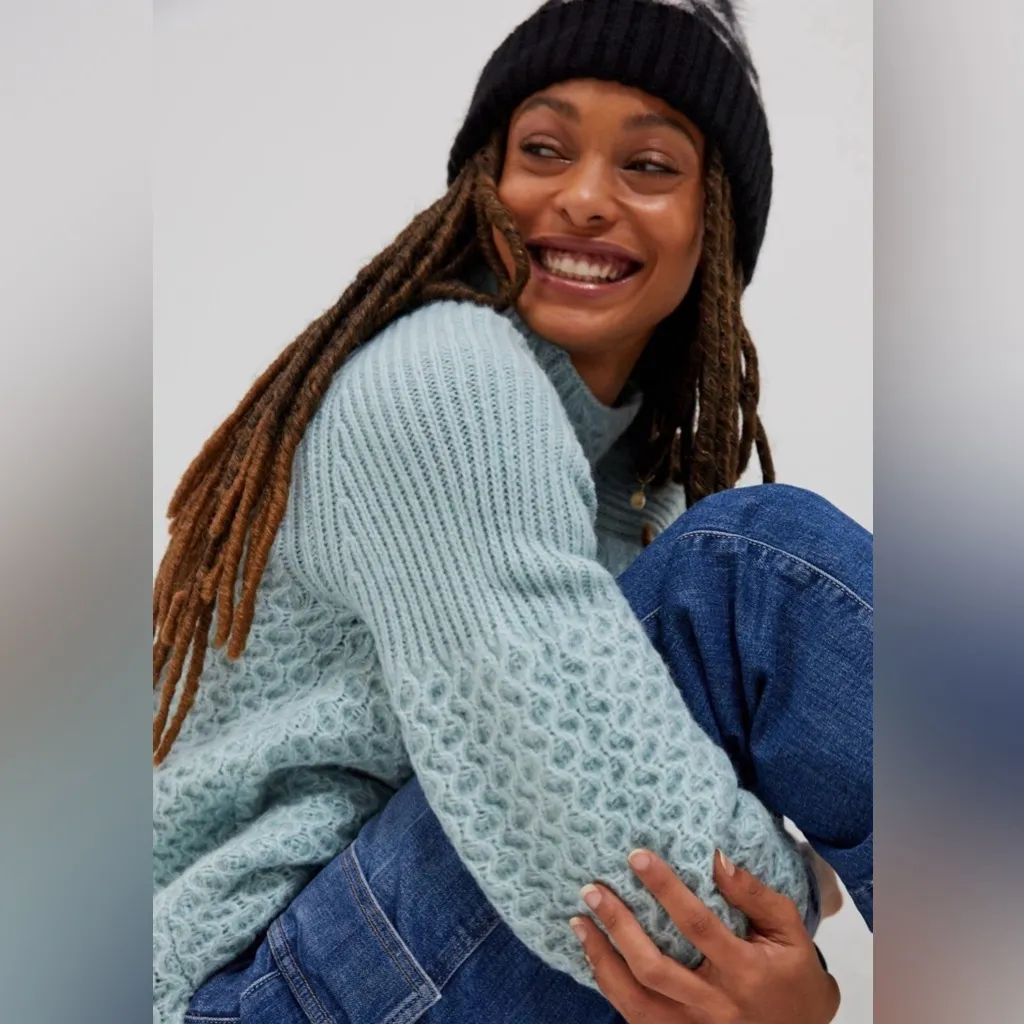 Anthropologie Sweater Womens L Sky Blue Bia Mock Tunic Fisherman Alpaca Chunky - Image 5