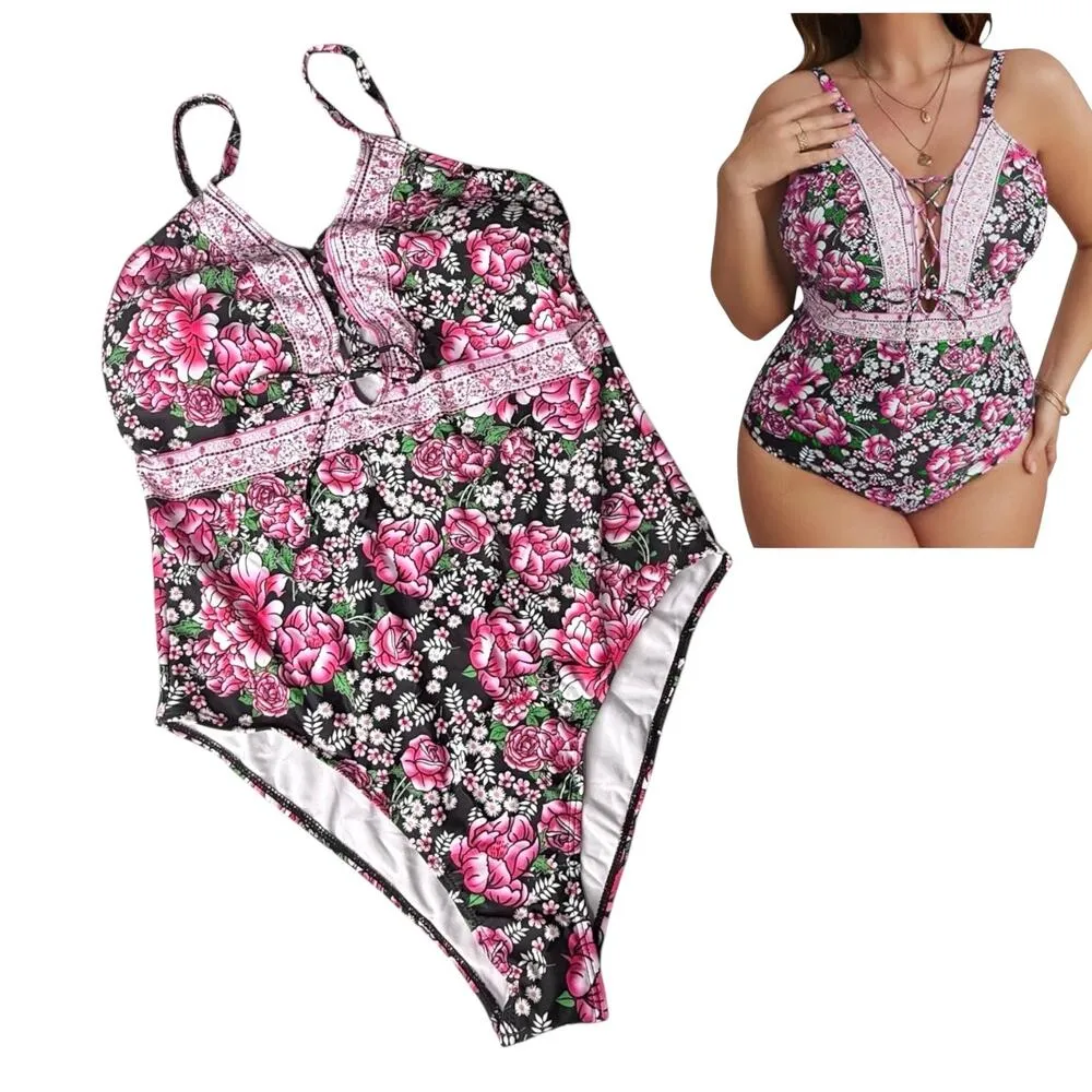 NEW WDIRARA Women's Plus 1XL Floral Print Lace Up One Piece SWIMSUIT Tie Front Pink Size 1X - Image 9