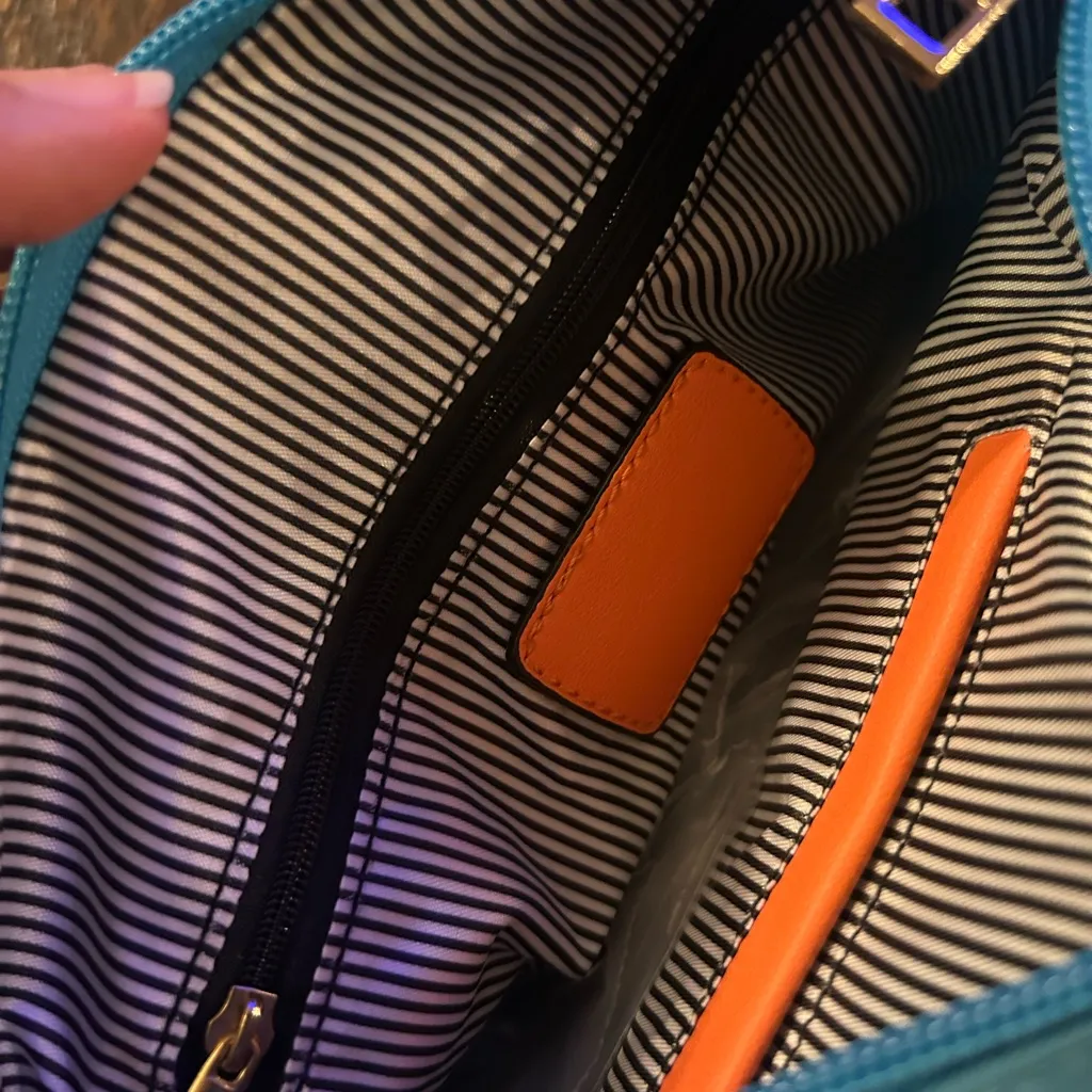New boutique bright blue crossbody purse with orange faux leather strap chic - Image 6