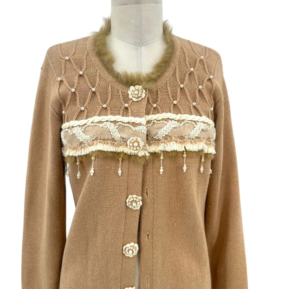 Storybook Knits Pearl Beaded Fur Trimmed Cardigan Sweater‎ Tan Camel Size Small - Image 2