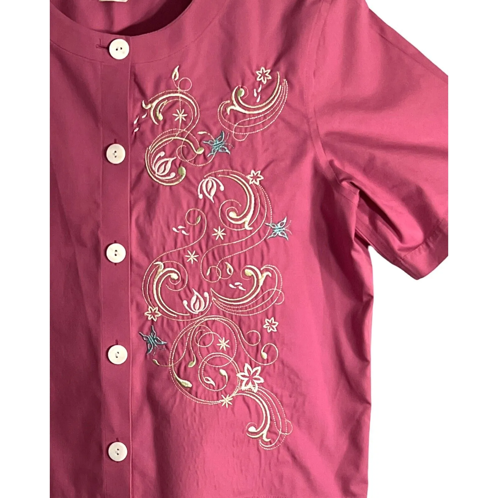 ORVIS Womens Short Sleeve Button Up Top Size S Dark Pink Embroidered Round Neck - Image 5
