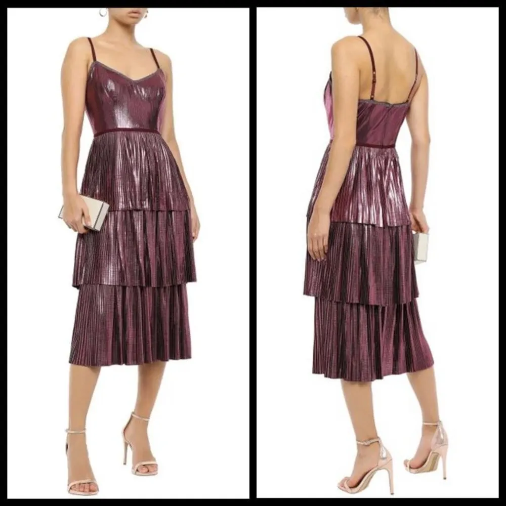 💕MARCHESA NOTTE💕 Lame Pleated Tiered Midi Length Cocktail Dress Lilac Purple 0 - Image 5
