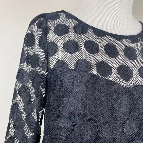 Betsey Johnson Mini Dress 4 Black Polka Dot Lace‎ A-Line Sweetheart 3/4 Sleeve - Image 2