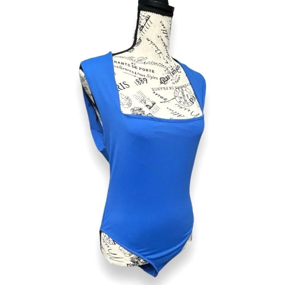 New Zara L Royal Blue Square Neck Stretch Sleeveless Bodysuit Coastal Minimalist - Image 3