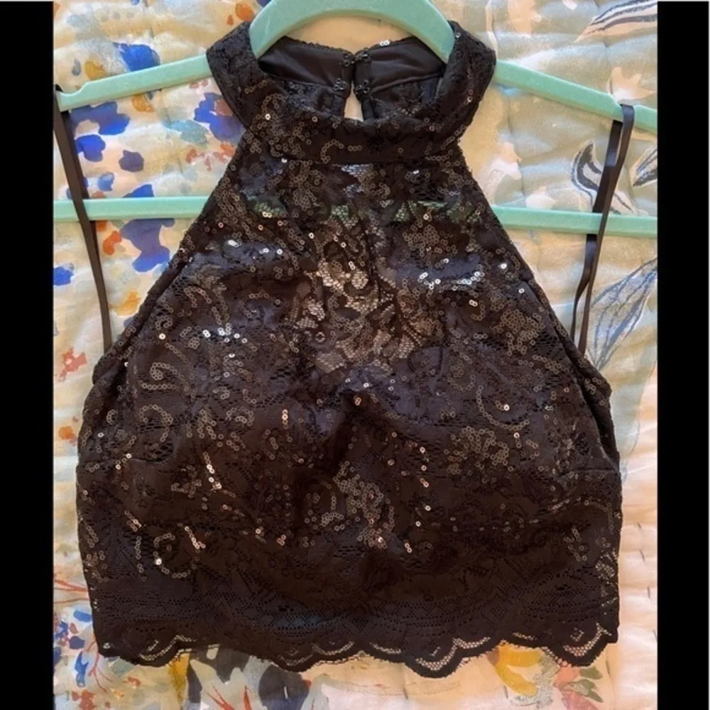 CITY STUDIO 3 Lace Sequin Halter Crop Top Tank Black Size undefined - Image 8