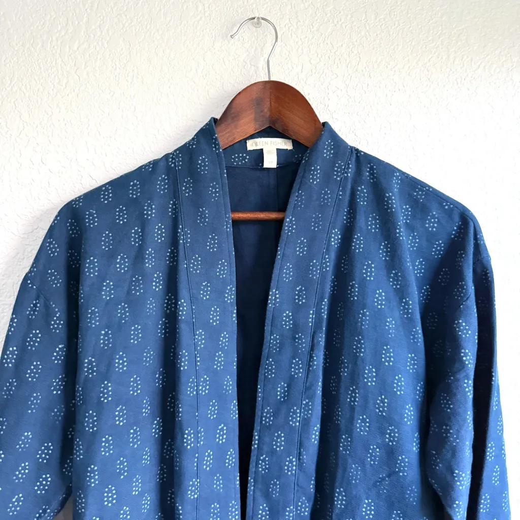 EILEEN FISHER Womens Kimono Jacket Blue Block Print Organic Cotton Size Small - Image 4
