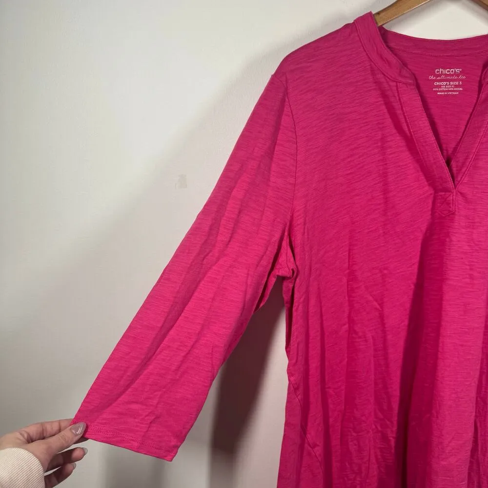Chicos Women XL Tunic Top Pink 3/4 Sleeve Notch Neck Shark Bite Hem Pull Over - Image 8