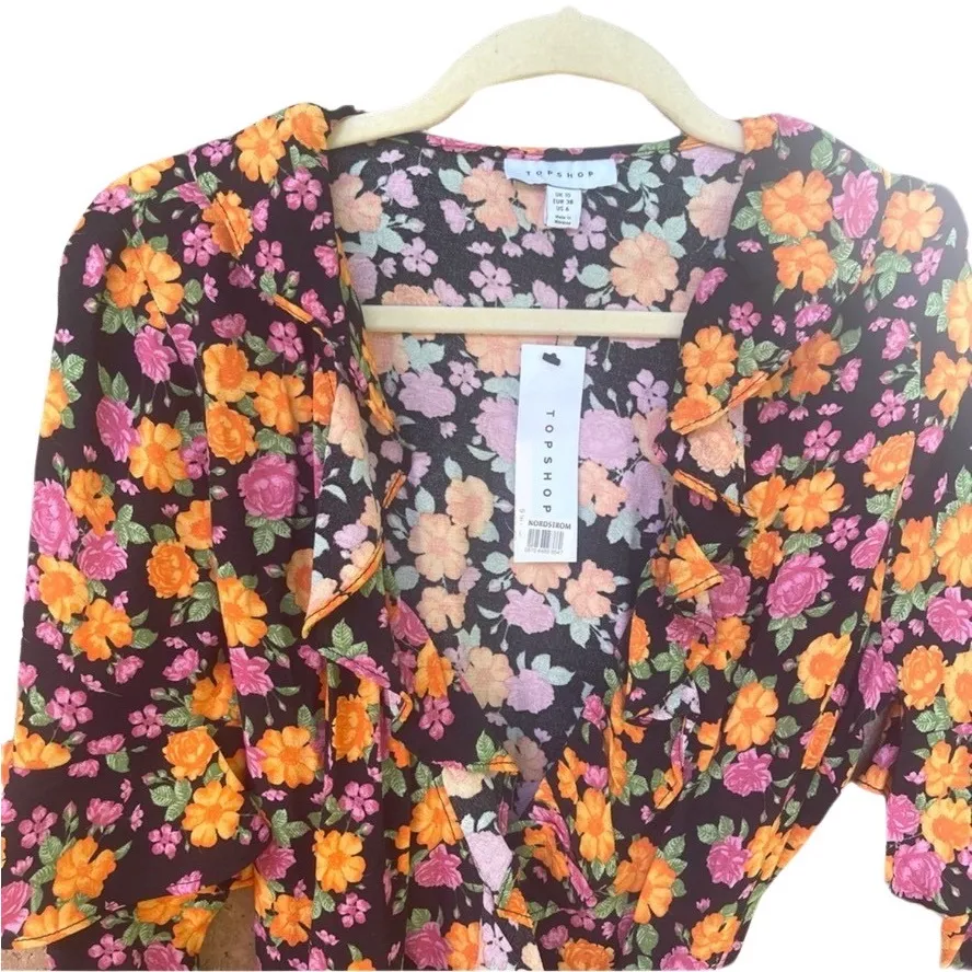 NEW Topshop Rose Ruffled Long Sleeve Mini Wrap Dress Floral Spring Size 6 - Image 6