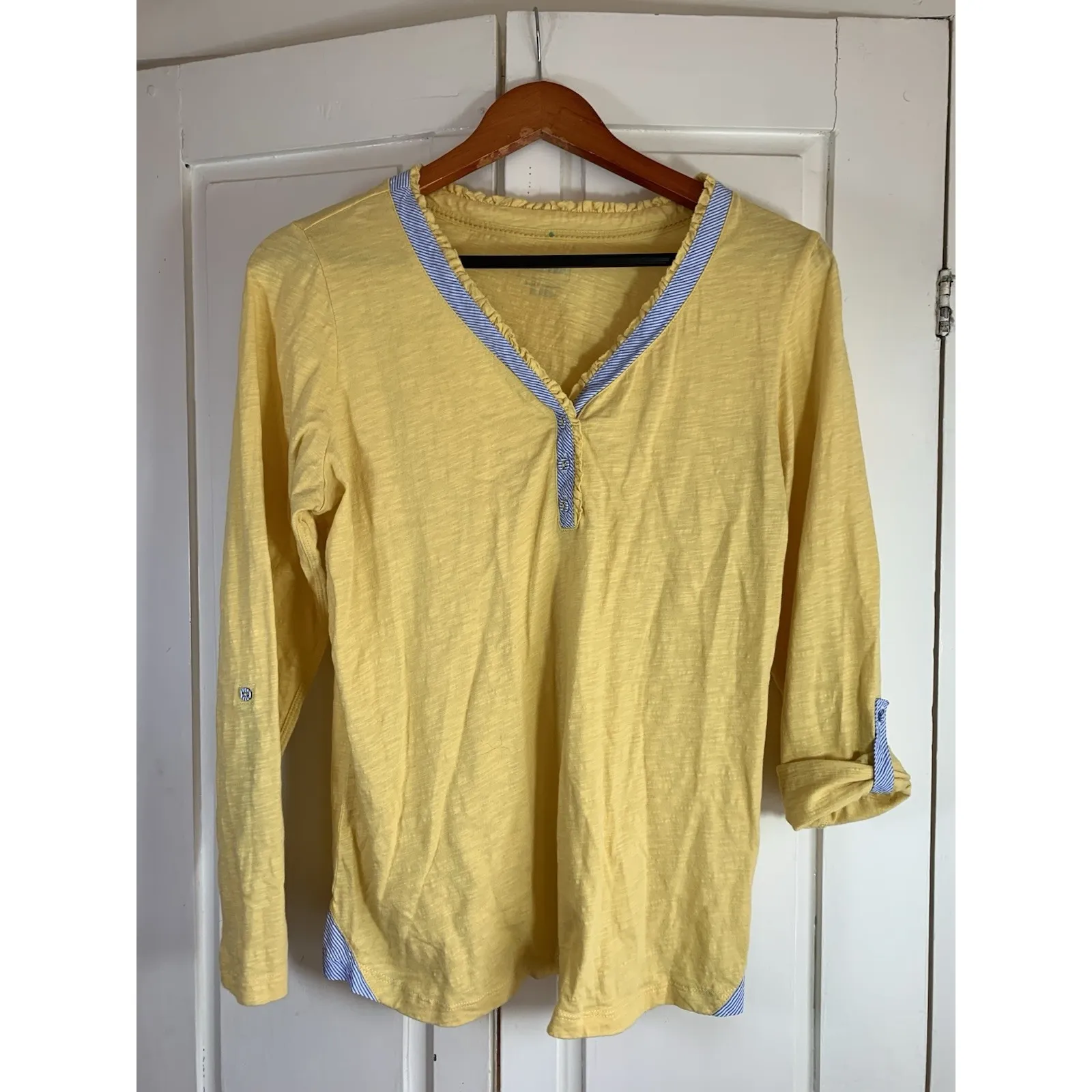 LL Bean Butter Yellow Shirt Womens Top Slub Roll‎ Tab Blue Stripe Trim Preppy Size M - Image 3