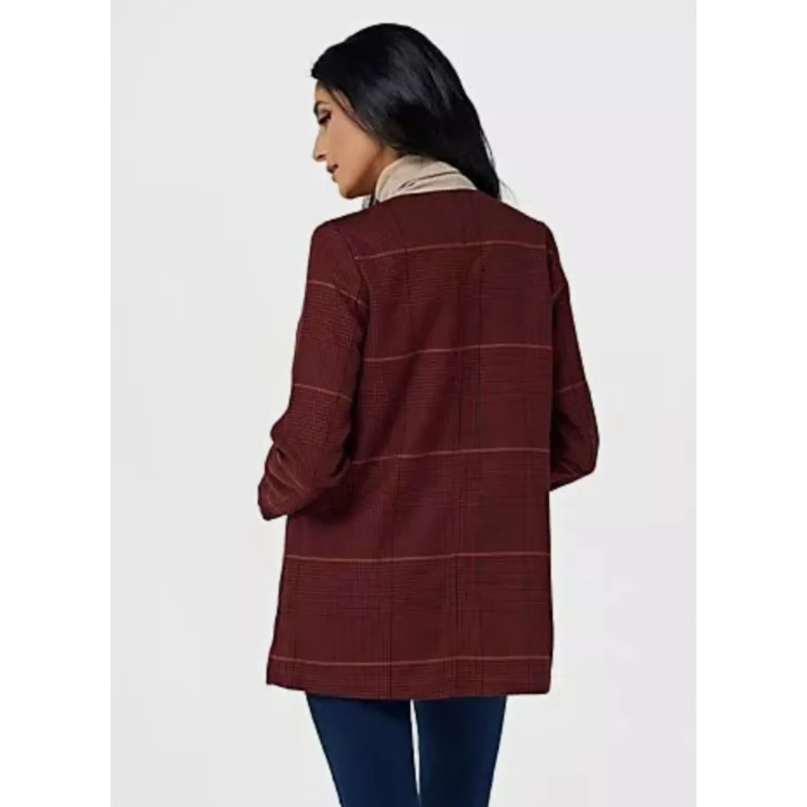 Laurie Felt Zoe Plaid Knit Fringe Trim Button Front Wrap Clueless Preppy Coat S Red - Image 12