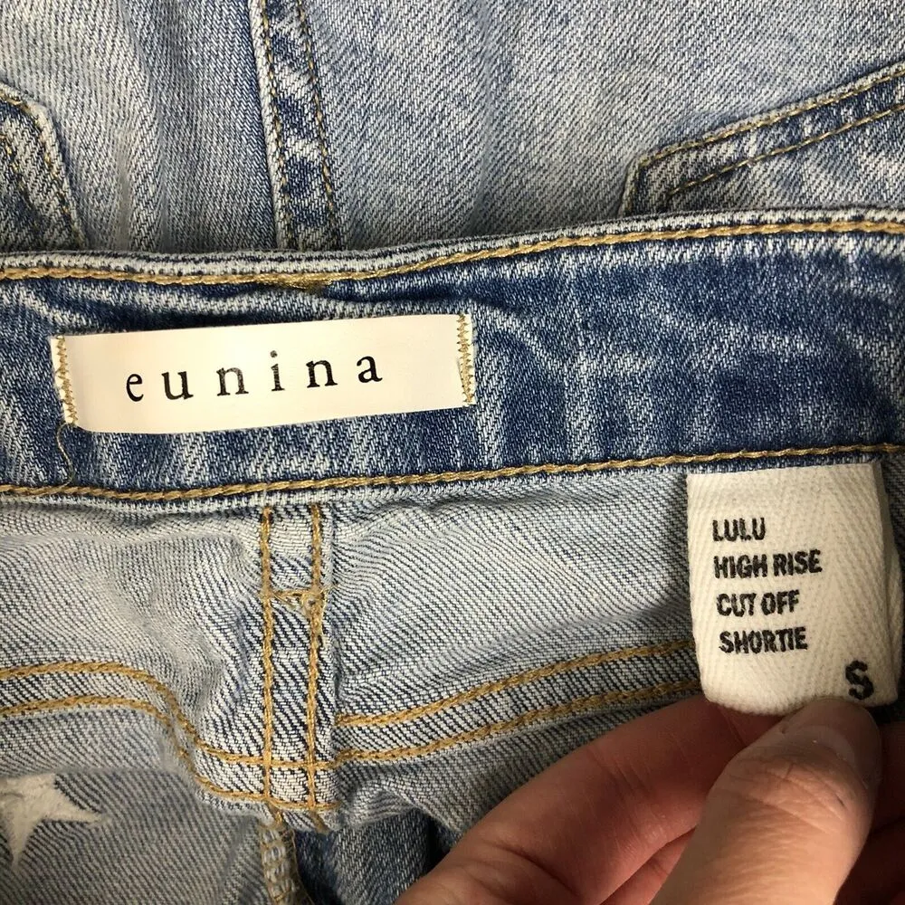 EUNINA Denim Cut Off Distressed Raw Hem Embroidered Stars Shorts Small - Image 7