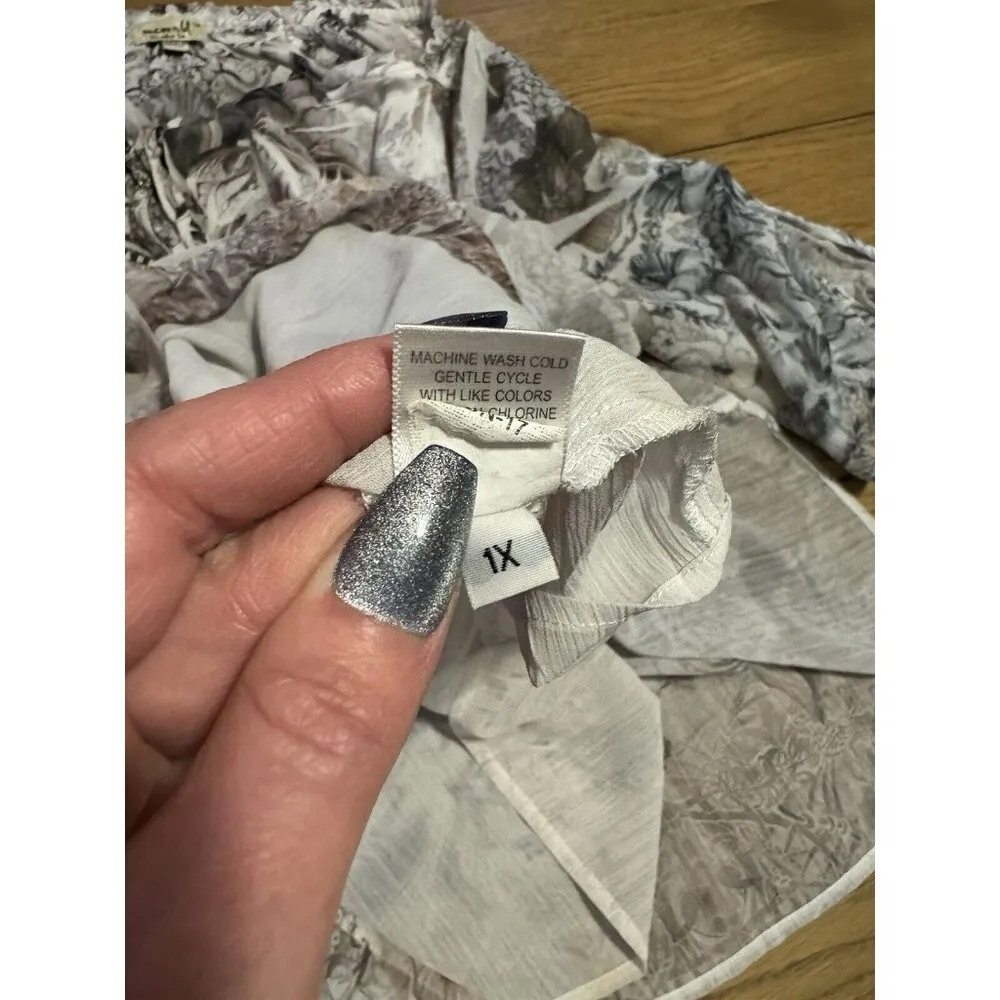 One World Live & Let Live Blouse Sz 1X Artsy Floral Lightweight Lined Tie Sleeve - Image 14