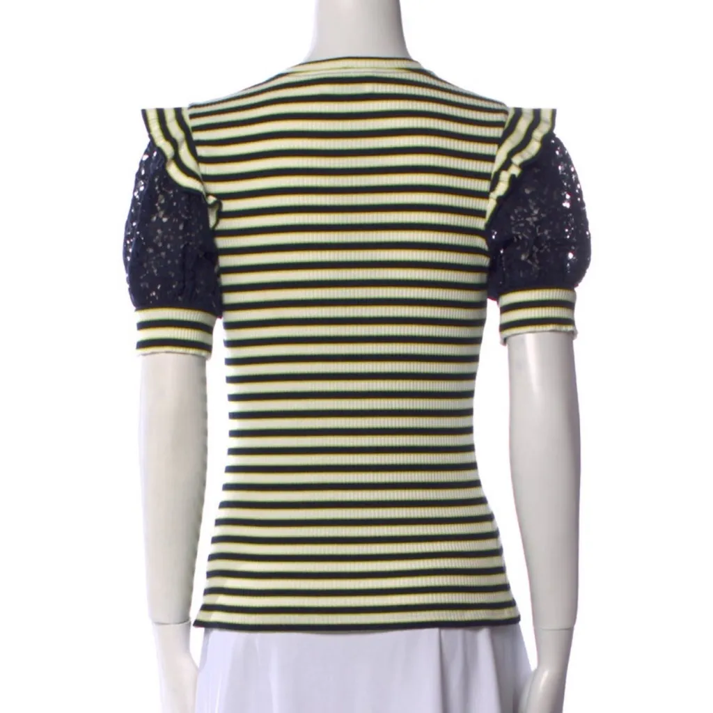 Tanya Taylor Striped Knit Lace Puff Sleeves Top Shirt Size M - Image 7