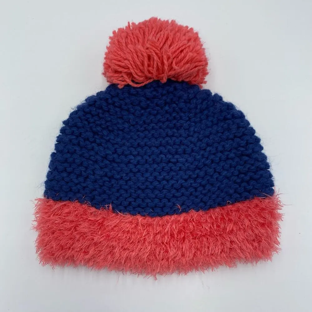 Hand Knit Adult Pink & Blue Pom Pom Cross Accent Beanie Hat 90's Y2K Retro - Image 2