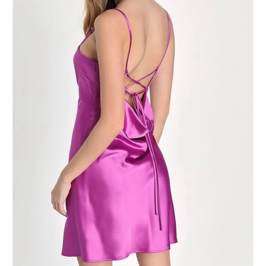 NWT Lulus Women's Chic Allure Purple Satin Lace-Up Mini Slip Dress Size M - Image 2