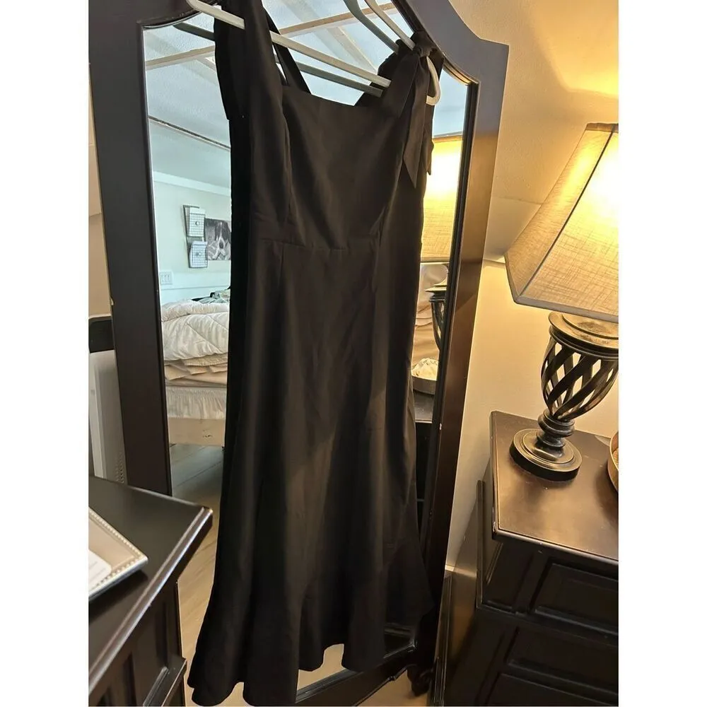 NEW BLACK Midi Tie Straps Square Neck Split Dress M NO BELT Size M - Image 7