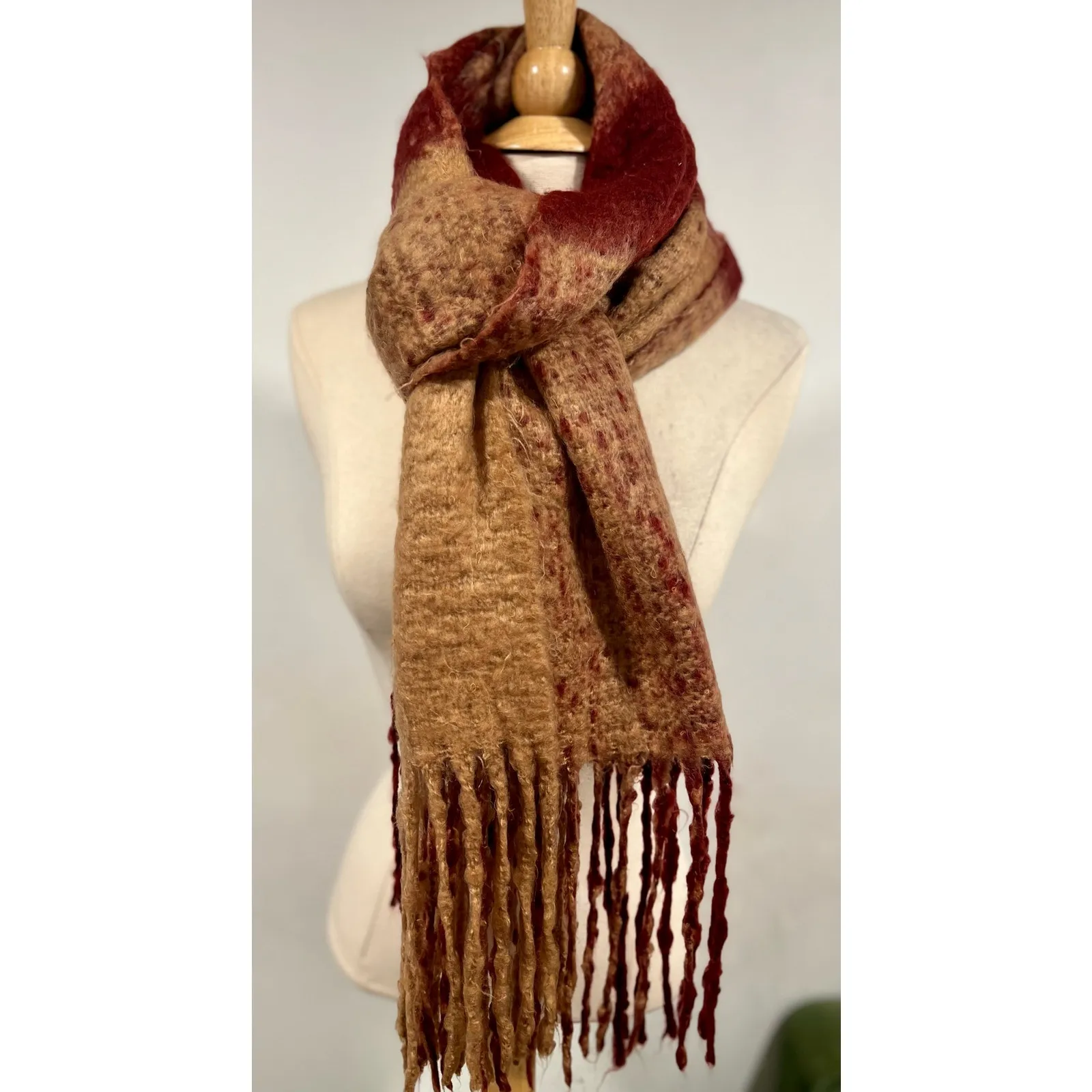 Boho Hippie Knit Striped Scarf Tan Red Soft Comfy Warm - Image 5