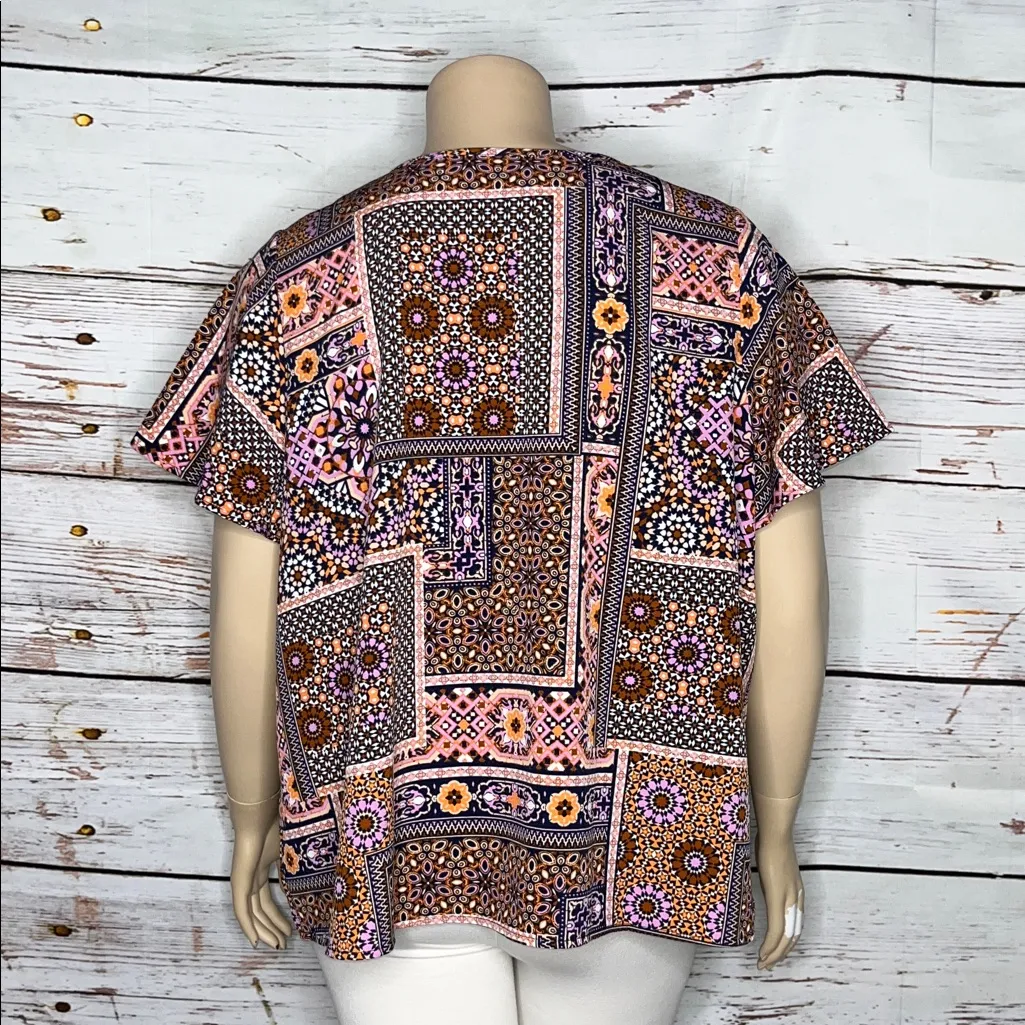 Denim & Co. Size 2X Geometric Patchwork Print Flutter Sleeve Blouse Top Blue - Image 3